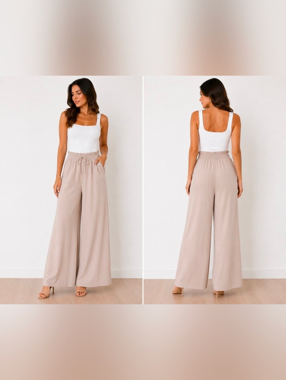 Smocked-Waist Wide Leg Pants in Light Taupe